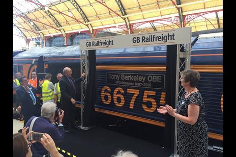 The retirement of Lord Tony Berkeley as Rail Freight Group Chairman was marked by a locomotive naming in London on June 28.